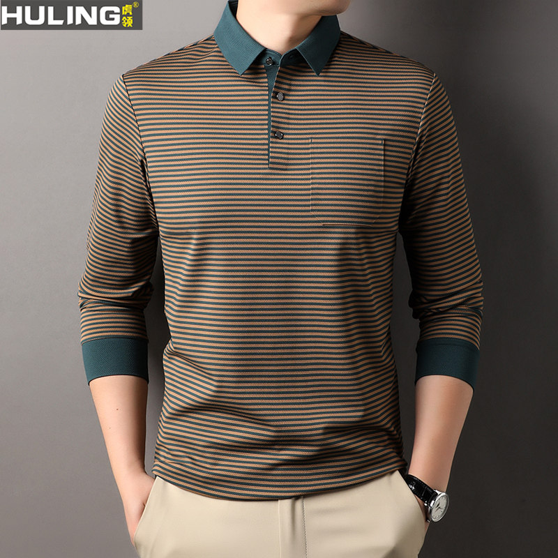 翻领条纹长袖T恤春秋季新款男士时尚休闲宽松透气无痕口袋POLO衫