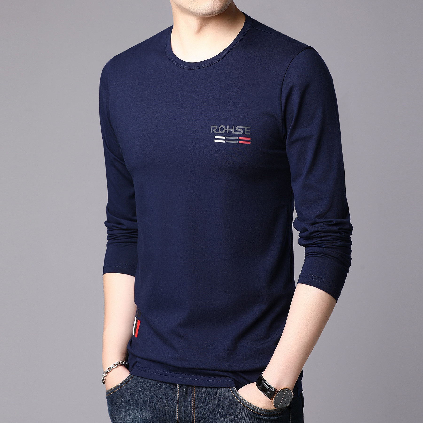 纯棉男士长袖t恤春秋季打底衫薄款潮流圆领宽松时尚休闲男装上衣