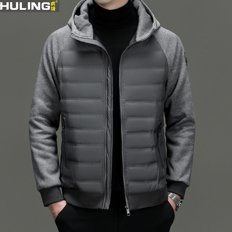 秋冬新款羽绒服时尚休闲连帽青年男装拼接外套加厚保暖男士上衣