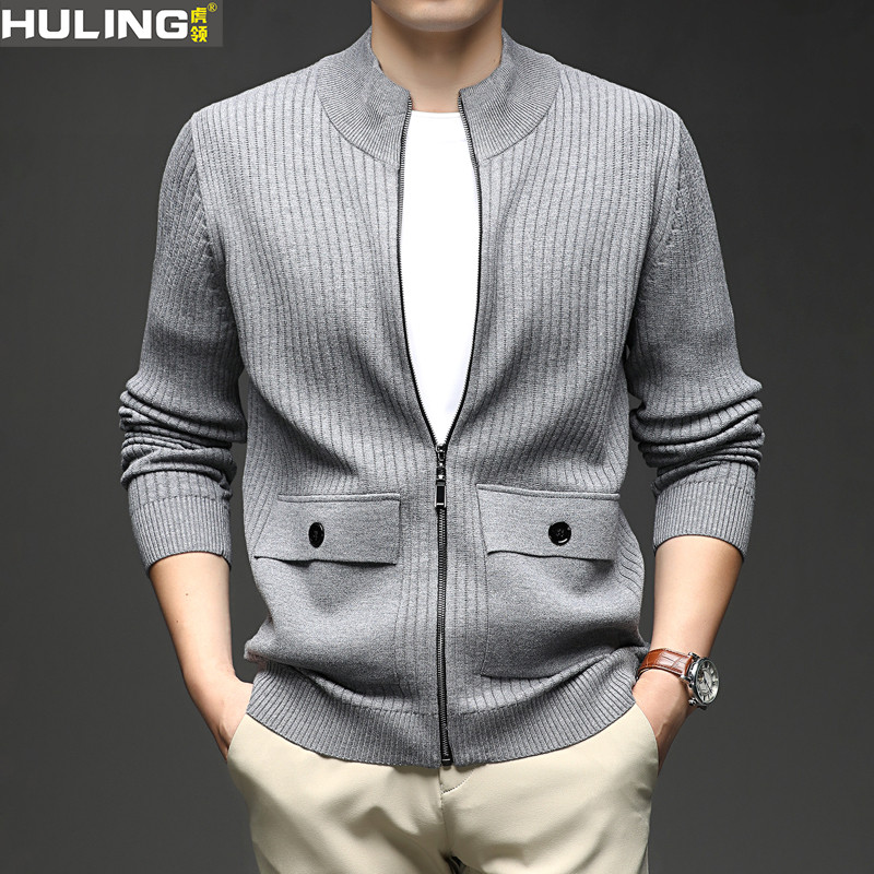 春秋季针织外套男士立领拉链上衣中青年爸爸男装纯色条纹毛衣开衫