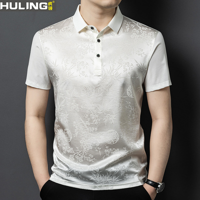 桑蚕丝短袖T恤潮流碎花翻领POLO衫夏季男式真丝体恤中国风爸爸装