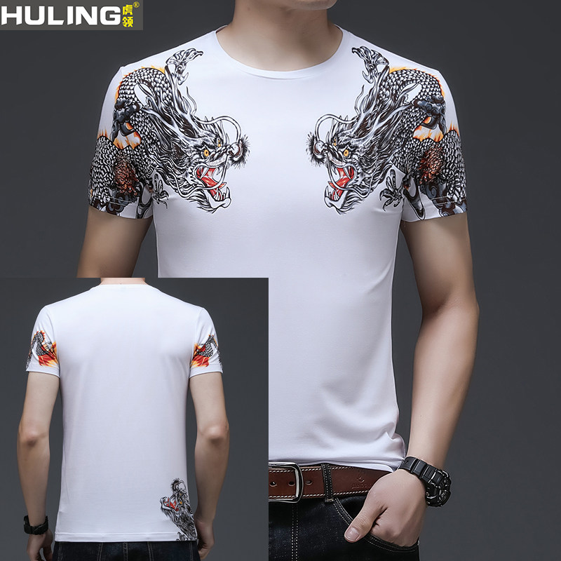 中国风圆领纯棉短袖t恤男青年 潮流神龙印花30韩版修身40岁体恤