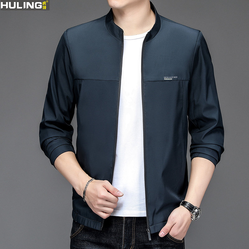 男士新款中年夹克衫立领拼接爸爸装外套上衣服春秋季薄款休闲男装
