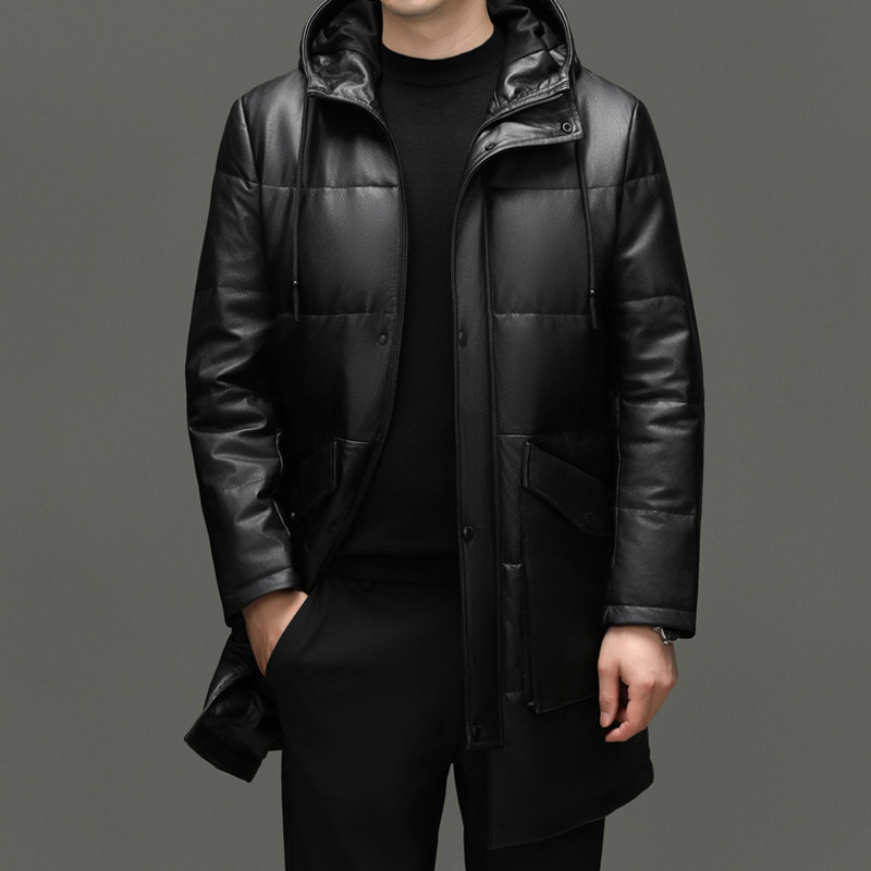 冬季新款加厚连帽男装外套羽绒服男士亮面中长款保暖白鹅绒外衣