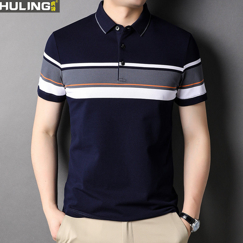 纯棉条纹男士T恤衫短袖翻领商务休闲青年上衣服polo衫宽松潮男装