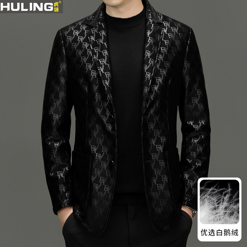 秋冬新款真皮皮衣男士绵羊皮西装可脱卸白鹅绒内胆西服男装外套