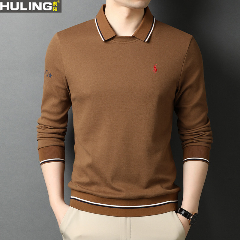 春秋季新款男士纯棉长袖t恤刺绣休闲假两件男装翻领针织打底衫