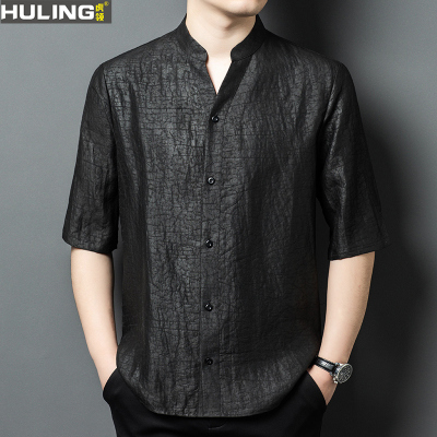 男士立领短袖龟裂纹真丝衬衫