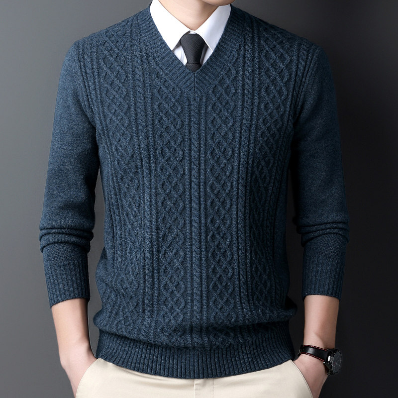 秋冬季加厚男士粗毛线衣V领拉链套头毛衣休闲打底针织衫鸡心领