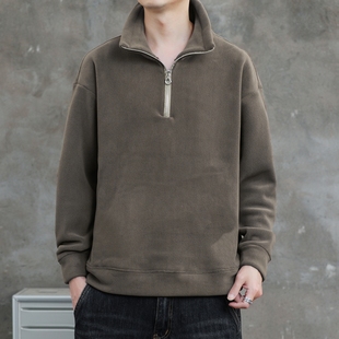 秋冬季拉链衫翻领原宿风加厚加绒卫衣休闲男士宽松长袖T恤潮男装