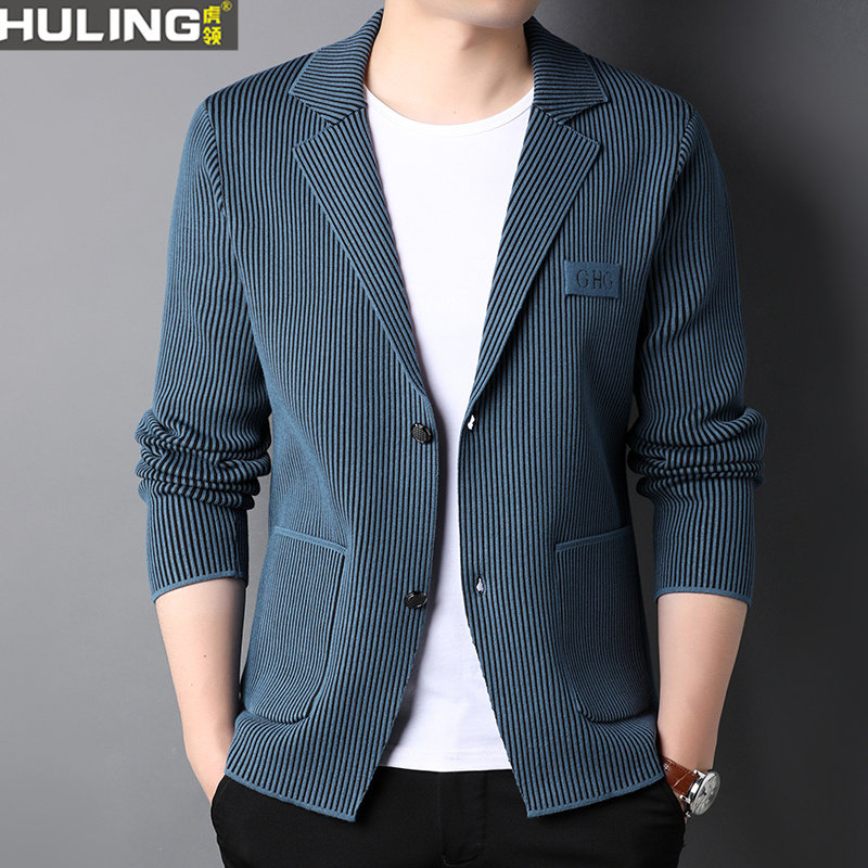 新款针织开衫毛衣男士秋季新款西装外套西服休闲外穿中年上衣服