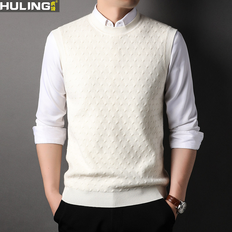 男士圆领针织衫背心中年男装无袖坎肩马甲春秋季宽松时尚休闲上衣