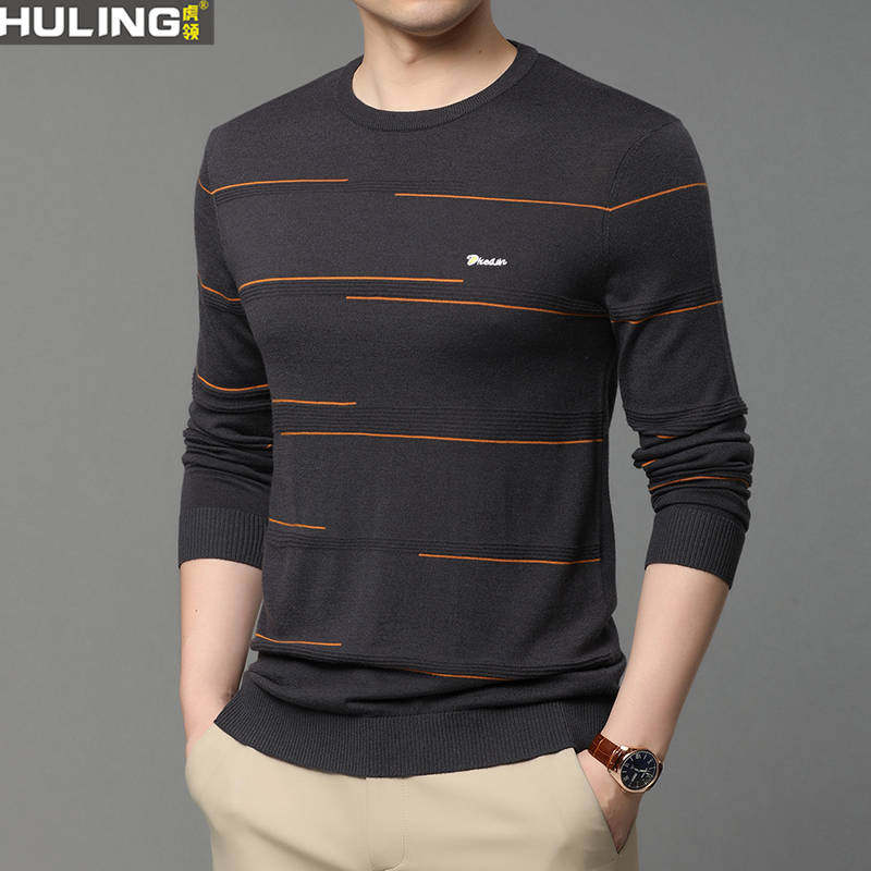 圆领长袖t恤男条纹薄款春T恤中年男士毛衣含羊毛针织衫爸爸装上衣