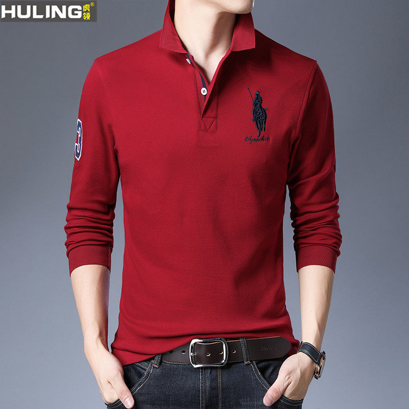 春秋男士长袖纯棉T恤翻领polo衫刺绣花骑士宽松大码商务休闲保罗