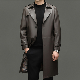 男士长款皮衣春秋季新款纽扣商务休闲头层软皮衣绵羊皮风衣外套