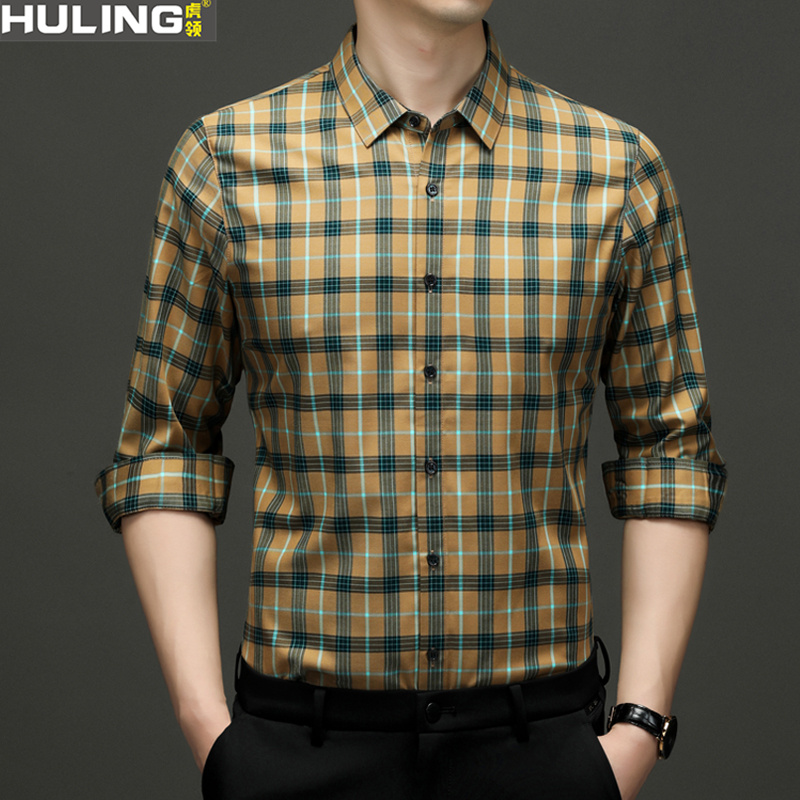 秋季新款男格子长袖衬衫青年商务