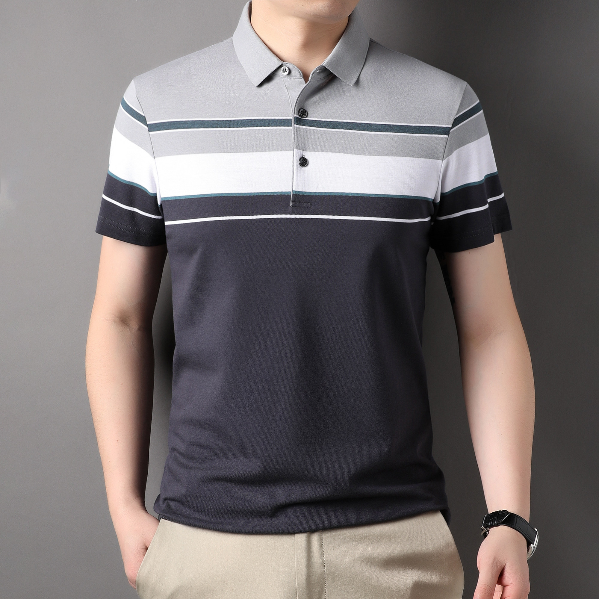 纯棉夏季polo衫男士短袖t恤条纹中年爸爸装商务休闲翻领体恤衫T恤