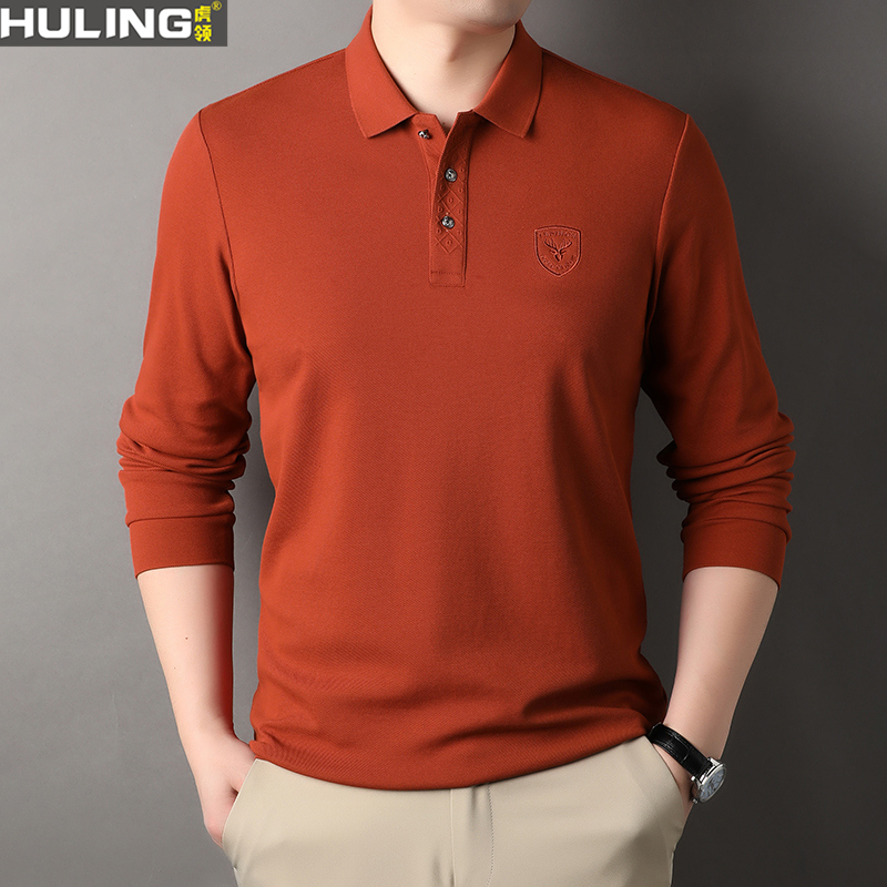 翻领长袖纯棉t恤春秋季新款中年休闲刺绣鹿头polo衫男装打底衫