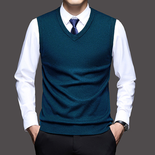春秋季新款男士V领宽松毛线背心纯色针织衫中年无袖羊毛马甲男款