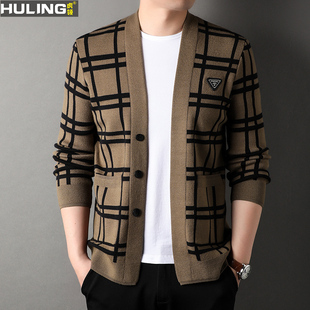针织开衫外套男士秋冬季新款韩版时尚毛线衣潮流休闲格子毛衣男装