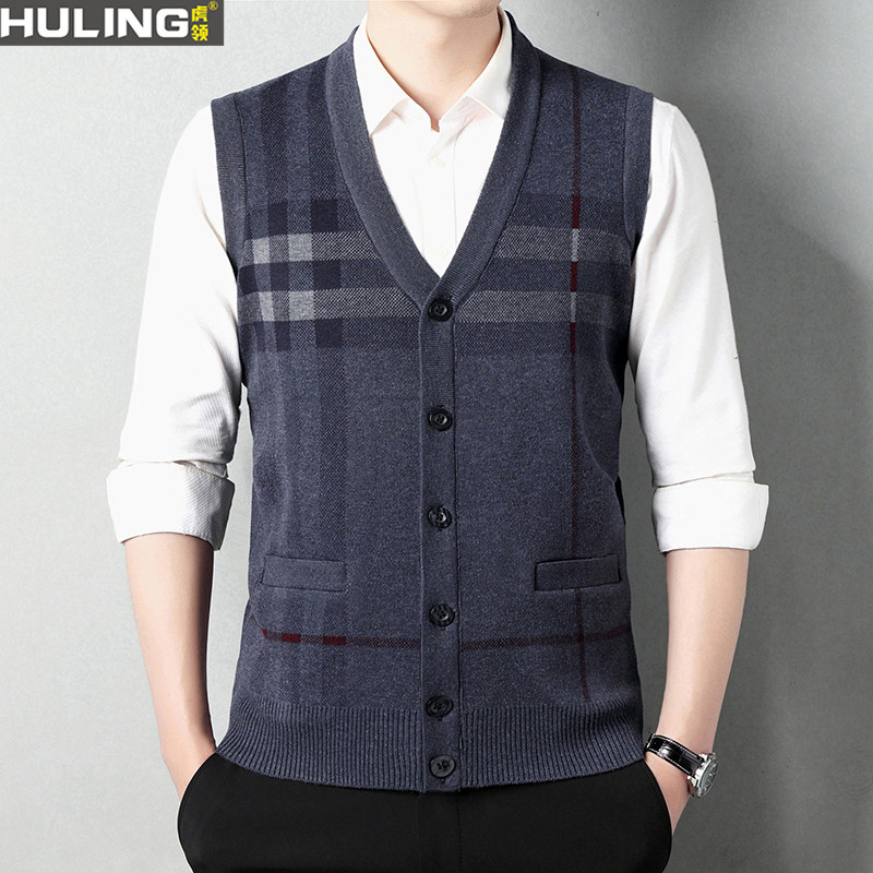 春秋季宽松背心中年爸爸装马甲坎肩大码开衫v领条纹针织男装毛衣