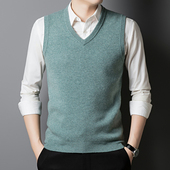 男士 100%羊毛衫 无袖 V领背心秋冬新款 针织马甲毛衣纯色商务男装