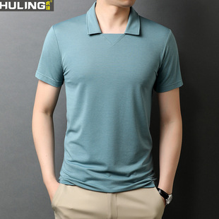 短袖t恤男士时尚方领弹力青年莫代尔半袖弹力polo衫潮流纯色男装
