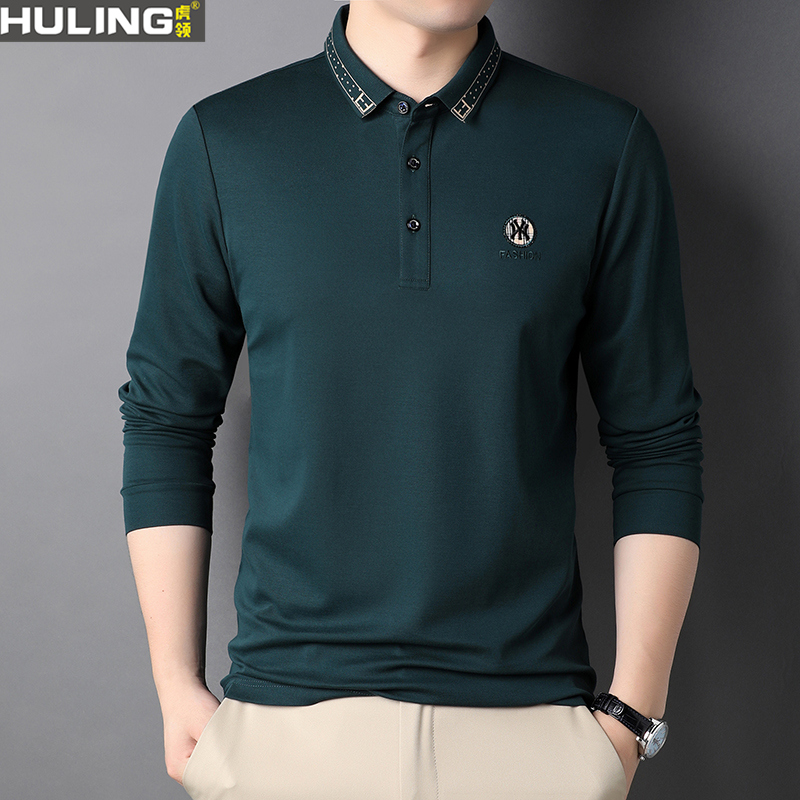 春秋季新款长袖纯棉T恤翻领polo衫中年爸爸男装刺绣休闲宽松上衣