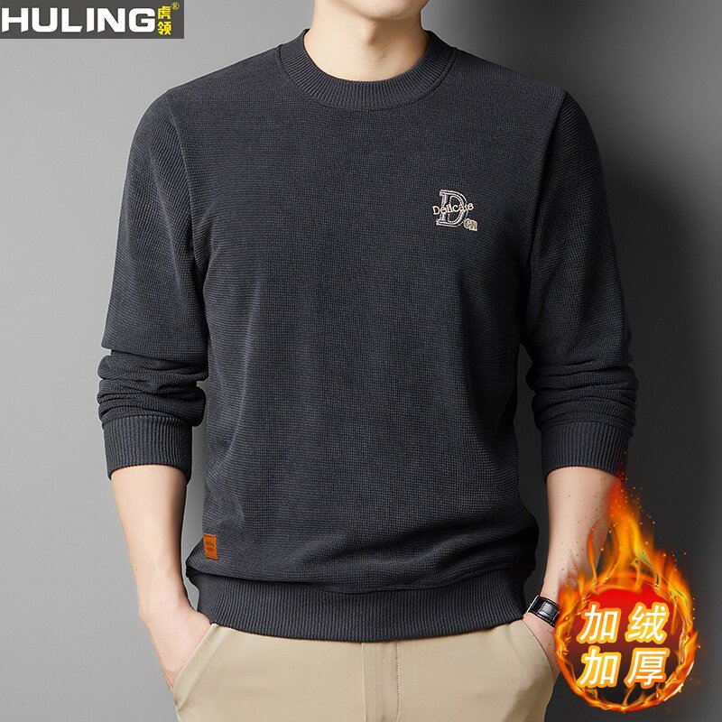 秋冬季新款一体绒毛衣中年男士圆领刺绣针织衫加绒加厚保暖上衣