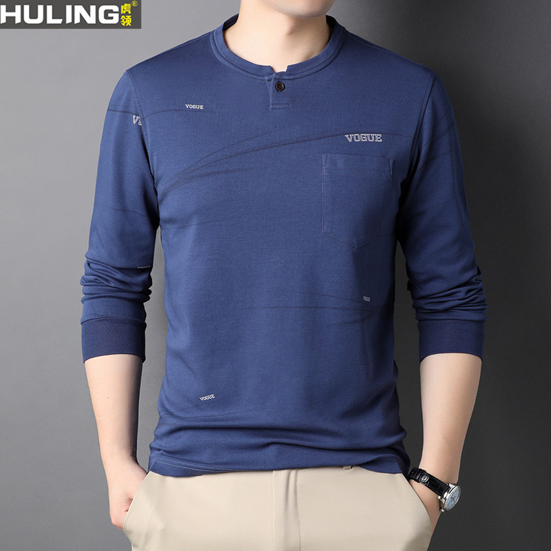 长袖纯棉T恤中年男装春秋季上衣圆领真口袋爸爸男装宽松休闲打底