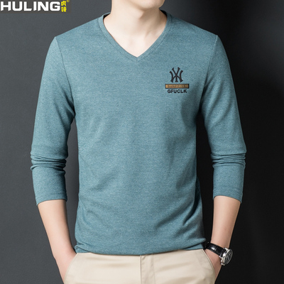 v领长袖t恤男士春秋潮流宽松百搭