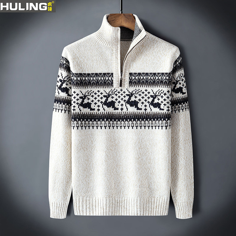 毛衣男加厚小鹿秋冬季韩版宽松潮流加大青年粗针保暖拉链领针织衫