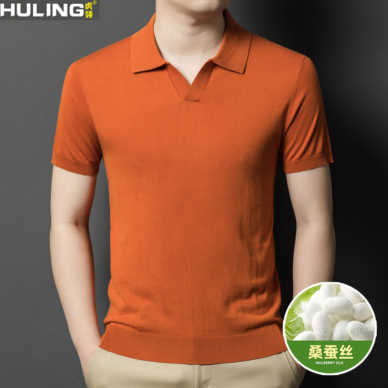 时尚纯色桑蚕丝薄款针织短袖t恤男士V领夏季新款v领半袖polo衫潮