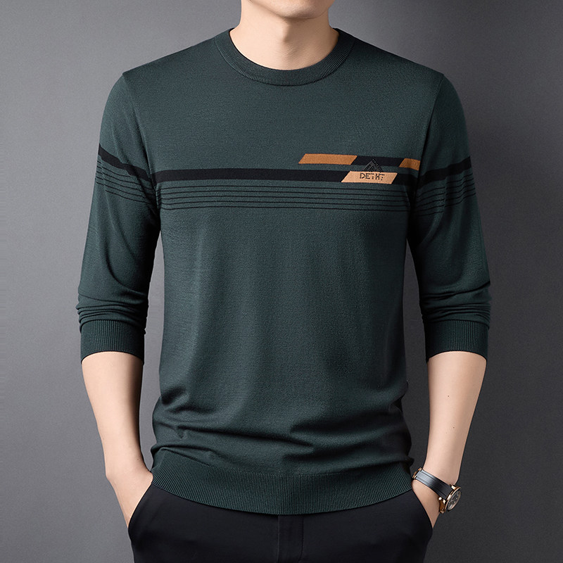 毛衣男士春秋季新款打底衫中年男装爸爸装薄款弹力条纹拼色针织衫