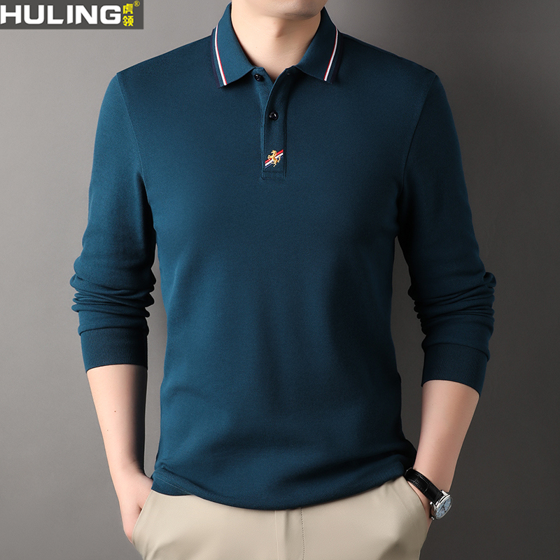 男士商务休闲长袖纯棉POLO衫春秋季新款时尚百搭刺绣马男装T恤衫
