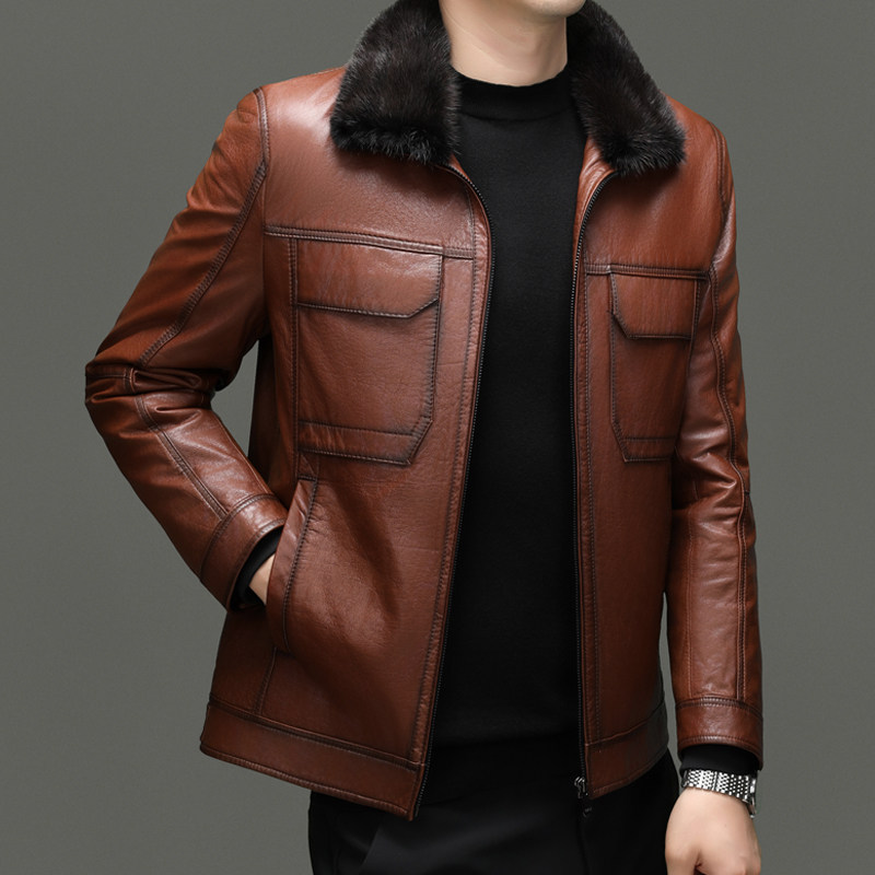 中老年皮衣外套春秋季休闲夹克中年男士皮夹克衣服宽松爸爸装新款