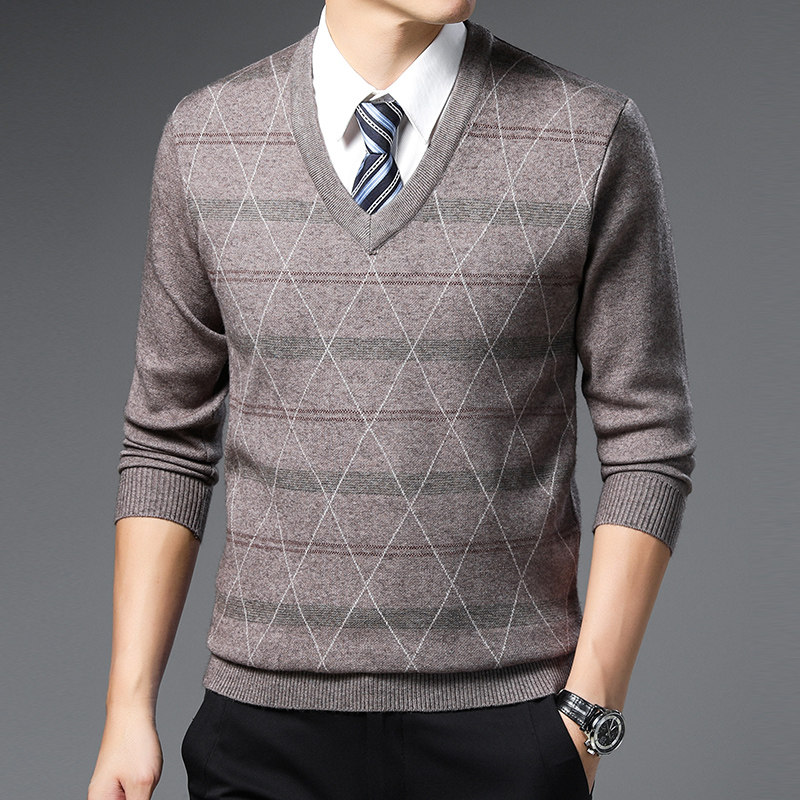 秋冬季中老年人男士毛衣V领加厚针织毛衫爸爸装格子鸡心领打底衫