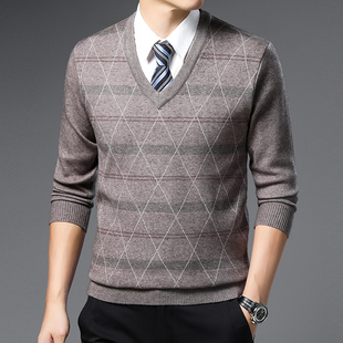 秋冬季中老年人男士毛衣V领加厚针织毛衫爸爸装格子鸡心领打底衫