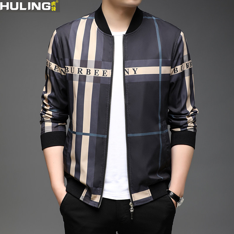 棒球领条纹夹克春秋季新款中年男装潮流时尚爸爸装外套拉链上衣