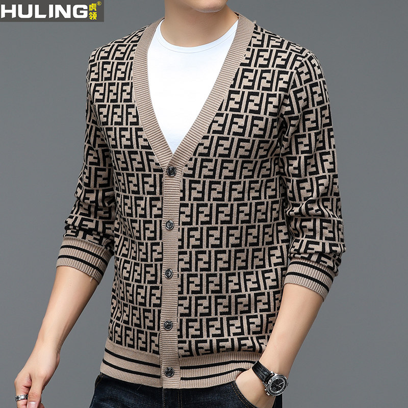 春秋季v领针织衫男士国潮牌开衫毛衣男装上衣绣花字母休闲外套