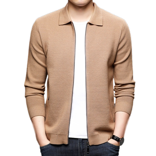 男士纯色翻领针织开衫春秋薄款外穿毛衣时尚休闲舒适夹克拉链外套