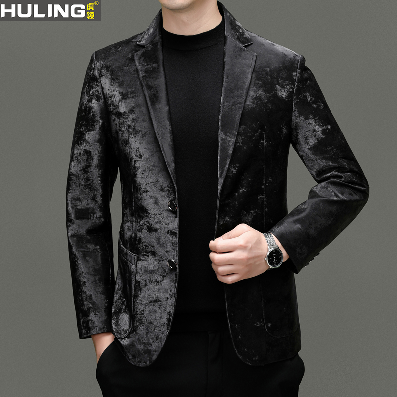 虎领真皮皮衣休闲西服男秋冬韩版修身潮流帅气印花绵羊皮西装外套