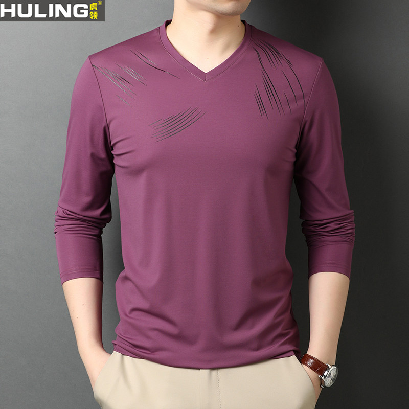 v领长袖t恤男士丝光棉弹力春秋打底衫鸡心领休闲男装宽松透气上衣