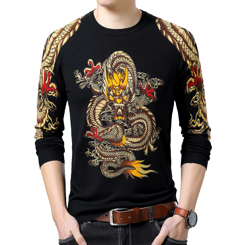春秋长袖t恤男士上衣服韩版中国风神龙针织衫修身毛衣潮薄款圆领