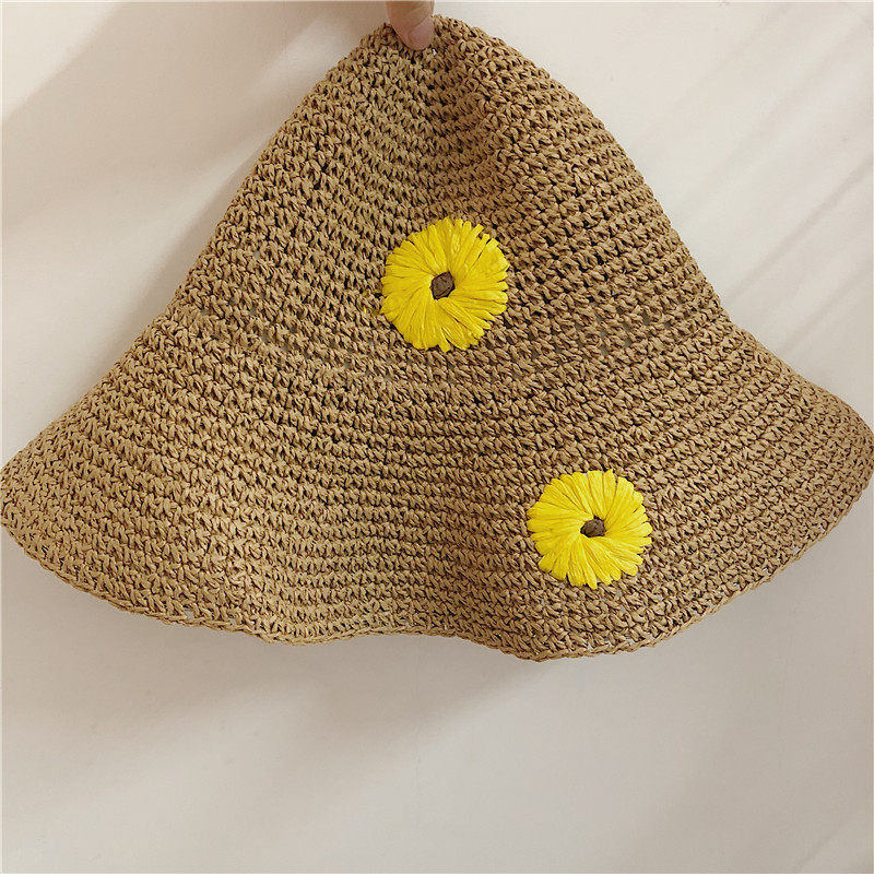 日系太阳花草帽女夏季大沿手工遮阳帽小菊花防晒盆帽可折叠沙滩帽