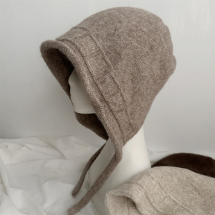 品质羊毛堆堆帽女保暖秋冬护耳帽子羊绒时尚包头毛线帽绑带针织帽