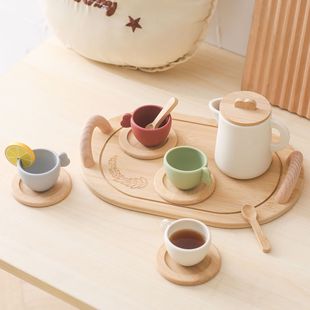 北歐風下午茶玩具茶壺木質(zhì)杯子杯墊硅膠幼兒童過家家拍照擺件裝 飾