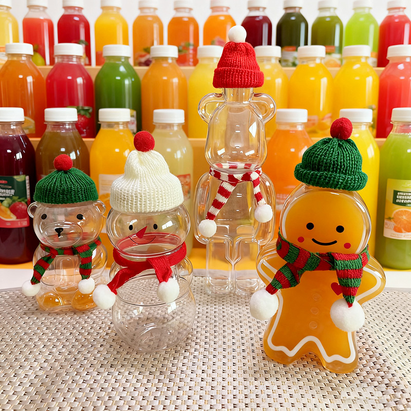 圣诞节饮料奶茶瓶500ml姜饼人红酒瓶装饰迷你毛线帽子小围巾批发