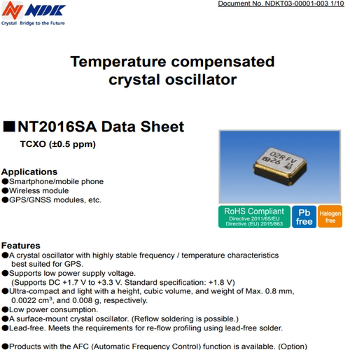 NT2016SA 38.4M 38.4MHZ IND3035A TCXO 1.8V 高精度 温补晶振NDK