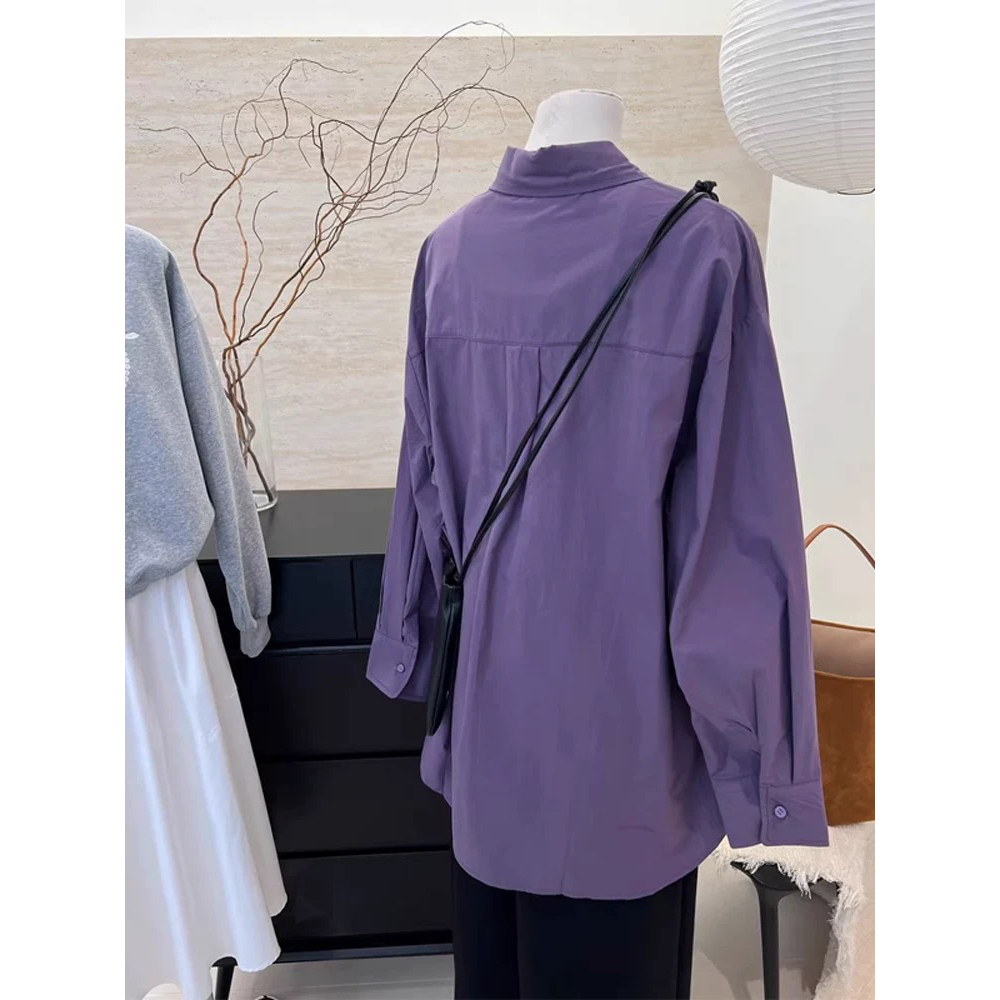 独特超好看紫色长袖衬衫女春夏外搭薄款棉麻衬衣休闲宽松显瘦上衣